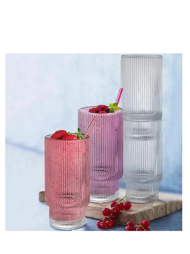 1 تشيس 1CHASE Set of 4 - Borosilicate Ribbed Drinking Glasses with Straws and Bamboo Lid 450ml